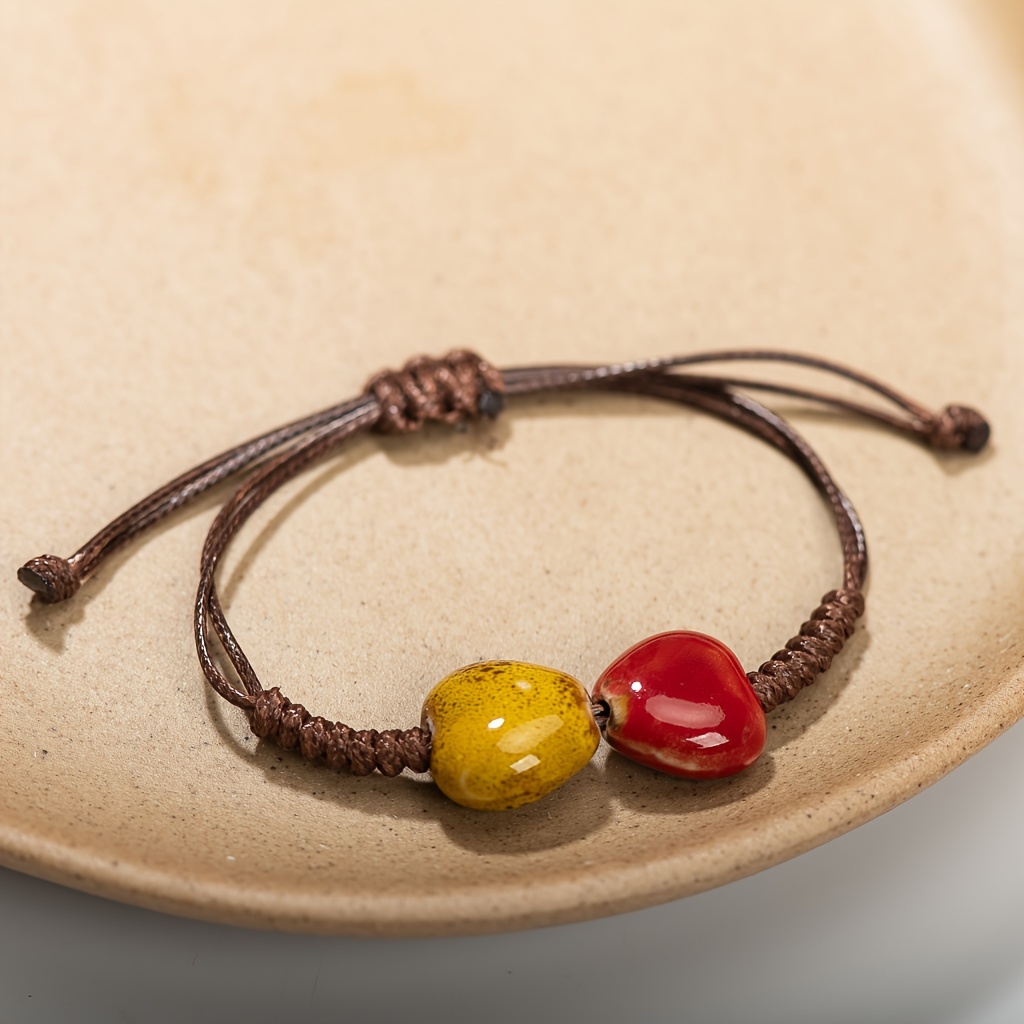 Bohemian Ceramic Heart Bracelet Handcrafted Woven Adjustable Band Ethnic Style